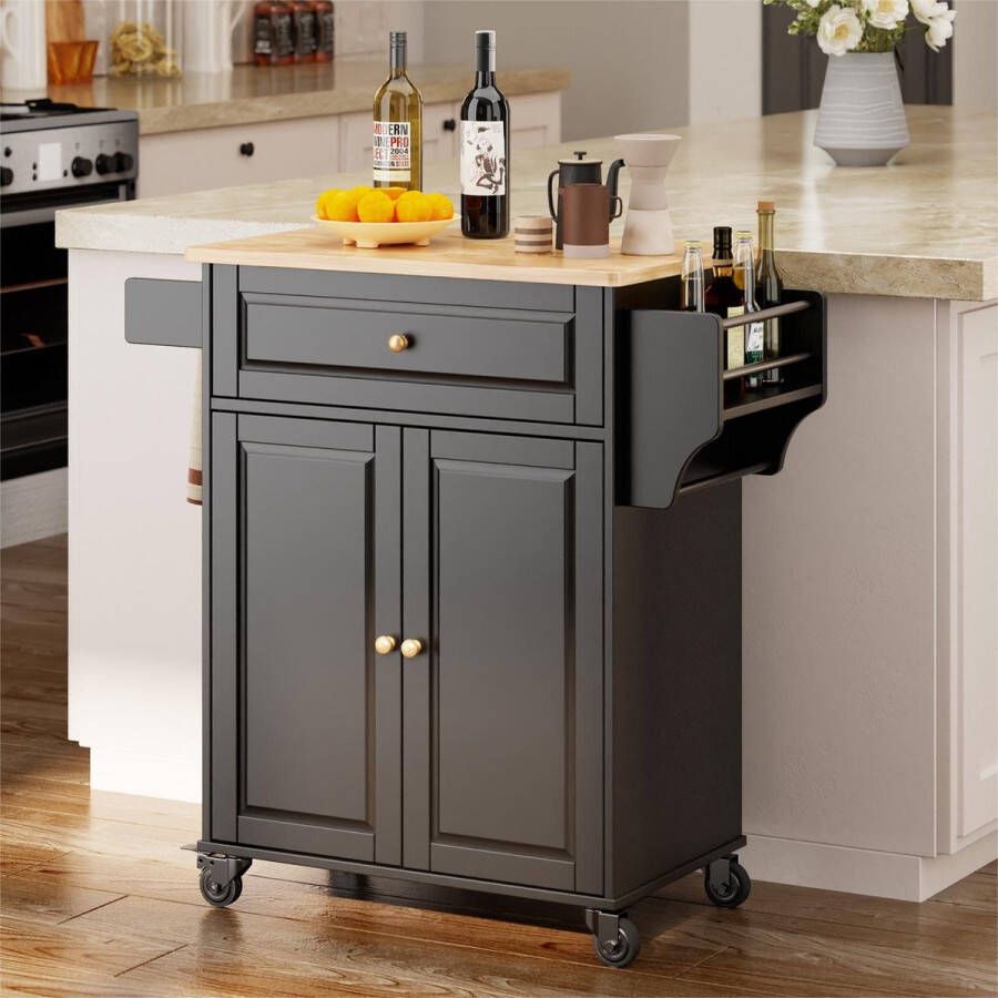 Bealife AK61 Keukenonderkasten keukentrolley met werkblad serveerwagen keukenwagen keukenkast op wielen- 91x45x90cm-Zwart