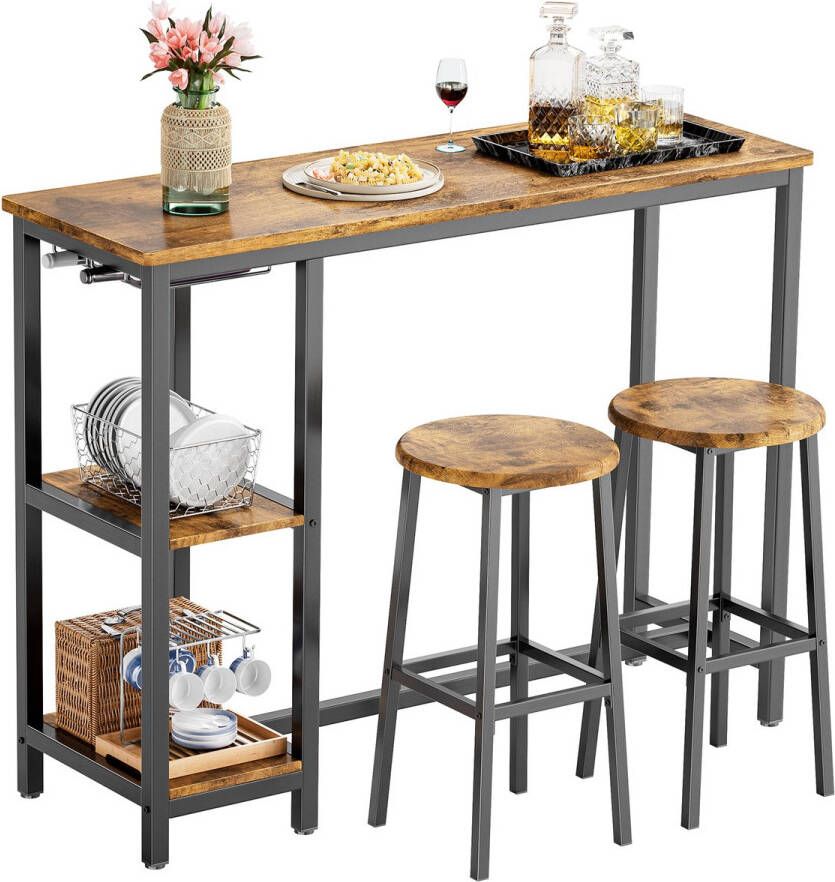 Bealife Bartafel Met Barstoelen Bartafel Keuken met Stoelen 2 Personen 3-Delige Bartafel Met Barkrukken Houtmet 2 Opbergplanken & Wijnglashouder Bartafel Vierkant Voor Kleine Woonkamer Eetkamer Appartementen Vintage Donkerbruin