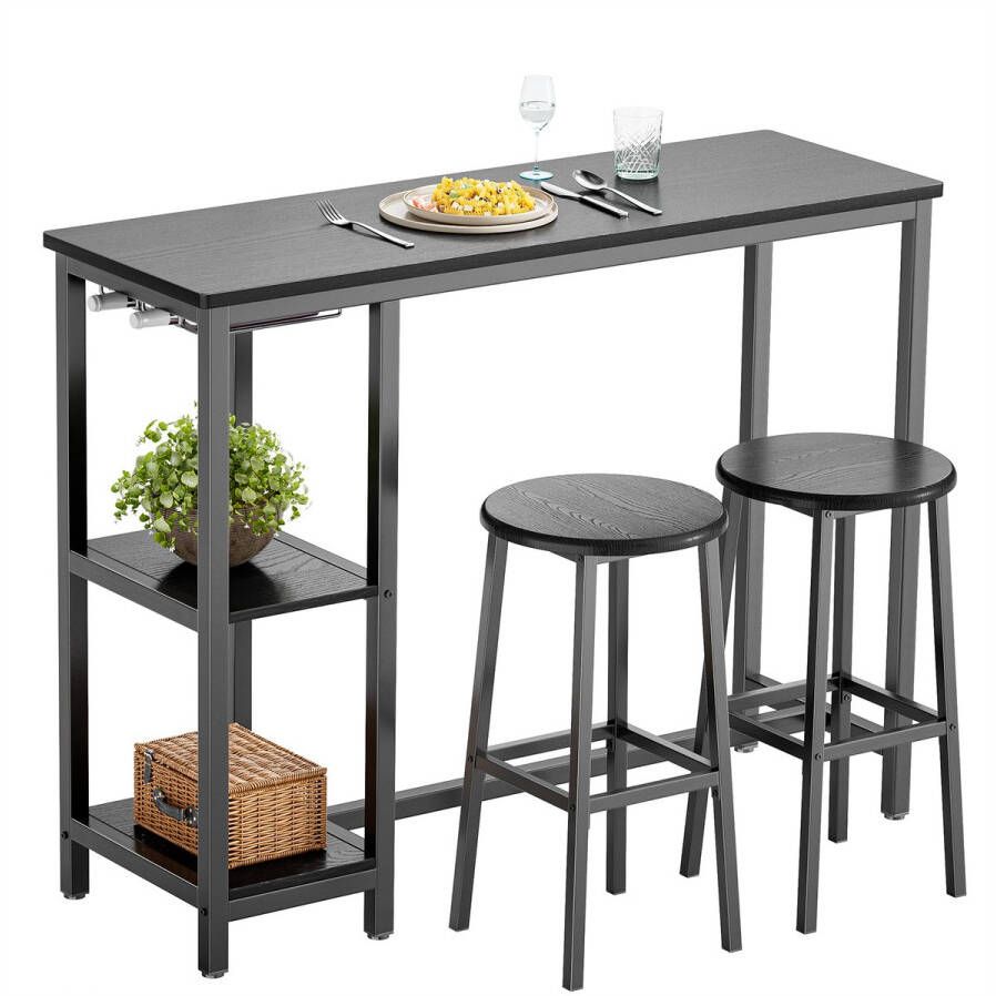 Bealife Bartafel Met Barstoelen Bartafel Keuken met Stoelen 2 Personen 3-Delige Bartafel Met Barkrukken Houtmet 2 Opbergplanken & Wijnglashouder Bartafel Vierkant Voor Kleine Woonkamer Eetkamer Appartementen Zwart - Foto 2