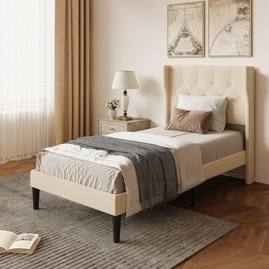 Bealife AF14 Eenpersoonsbedden Standaard Platform Frame met Wingback Hoofdbord 209 x96.6 x 122cm Gestoffeerd Platform Bed met Modern Geometrisch Hoofdbord Houten Latten Geluidsvrij Geen Box Spring Nodig Beige