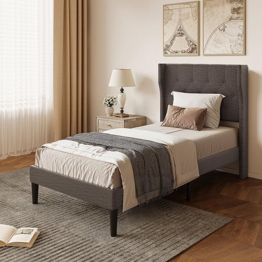 Bealife AF14 Eenpersoonsbedden Standaard Platform Frame met Wingback Hoofdbord 209 x96.6 x 122cm Gestoffeerd Platform Bed met Modern Geometrisch Hoofdbord Houten Latten Geluidsvrij Geen Box Spring Nodig Donker Grijs