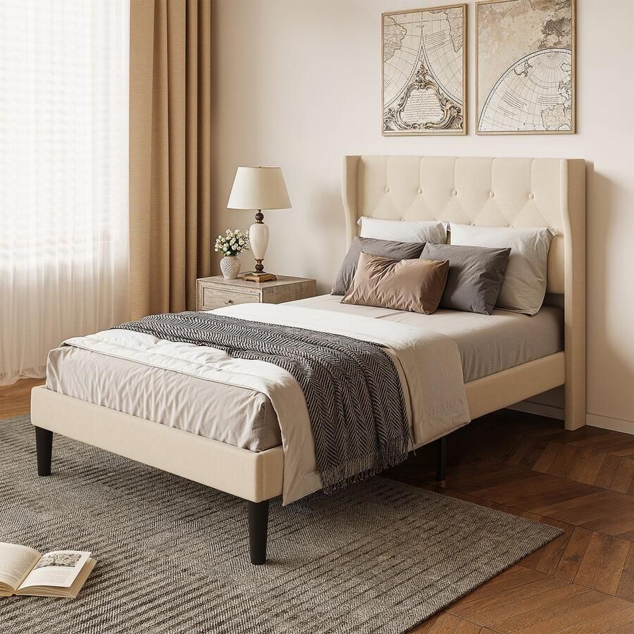 Bealife AF15 Tweepersoonsbedden Standaard Platform Frame met Wingback Hoofdbord 209 x 120.4 x 122cm Gestoffeerd Platform Bed met Modern Geometrisch Hoofdbord Houten Latten Geluidsvrij Geen Box Spring Nodig Beige