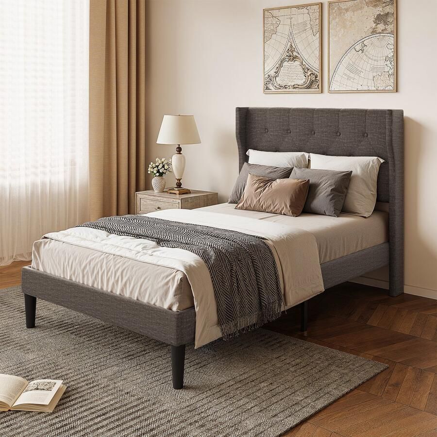 Bealife AF15 Tweepersoonsbedden Standaard Platform Frame met Wingback Hoofdbord 209 x 120.4 x 122cm Gestoffeerd Platform Bed met Modern Geometrisch Hoofdbord Houten Latten Geluidsvrij Geen Box Spring Nodig Donker Grijs