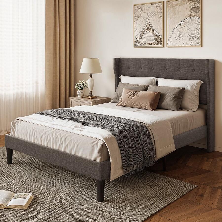 Bealife AF16 Tweepersoonsbedden standaard Platform Bedframe 209x 140.4 x114.5cm Metalen Bedframe met Opbergbaar Hoofdbord Stevig en Stabiel Geluidsvrij Geen Boxspring Nodig Eenvoudige Montage-Donker Grijs
