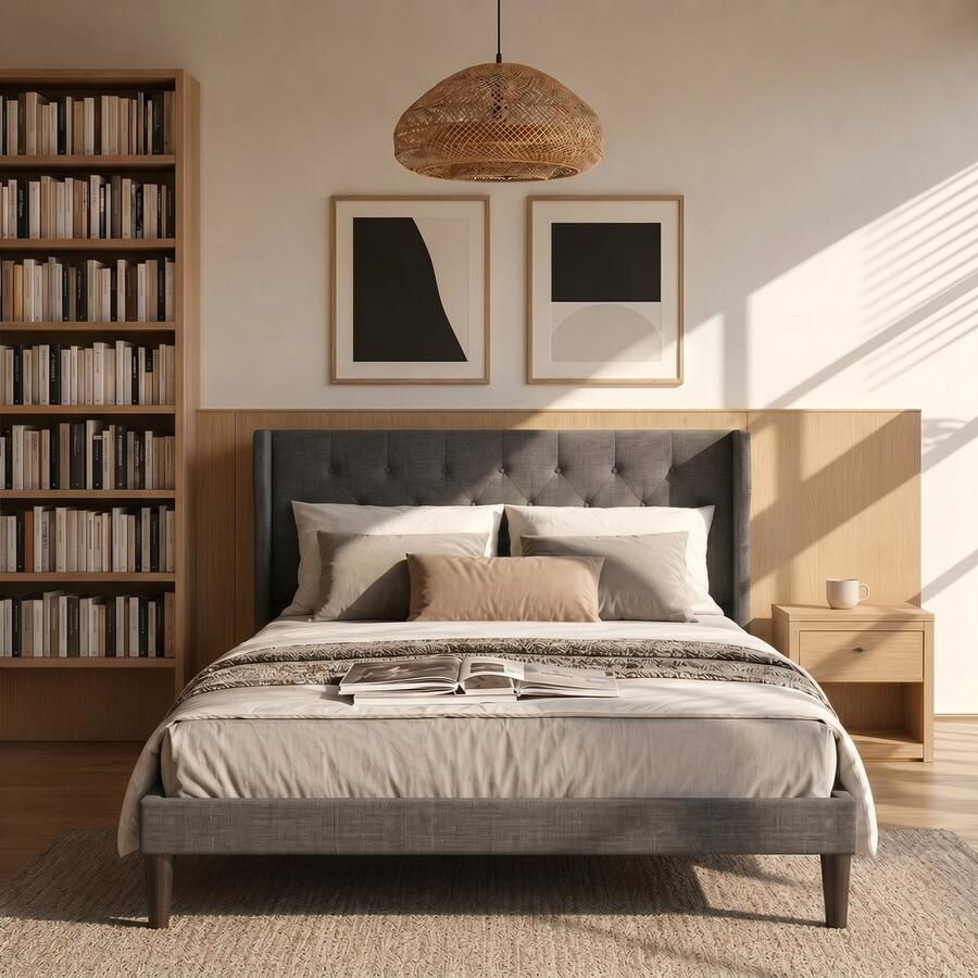 Bealife AF16 Tweepersoonsbedden standaard Platform Bedframe 209x 140.4 x114.5cm Metalen Bedframe met Opbergbaar Hoofdbord Stevig en Stabiel Geluidsvrij Geen Boxspring Nodig Eenvoudige Montage-Donker Grijs - Foto 2