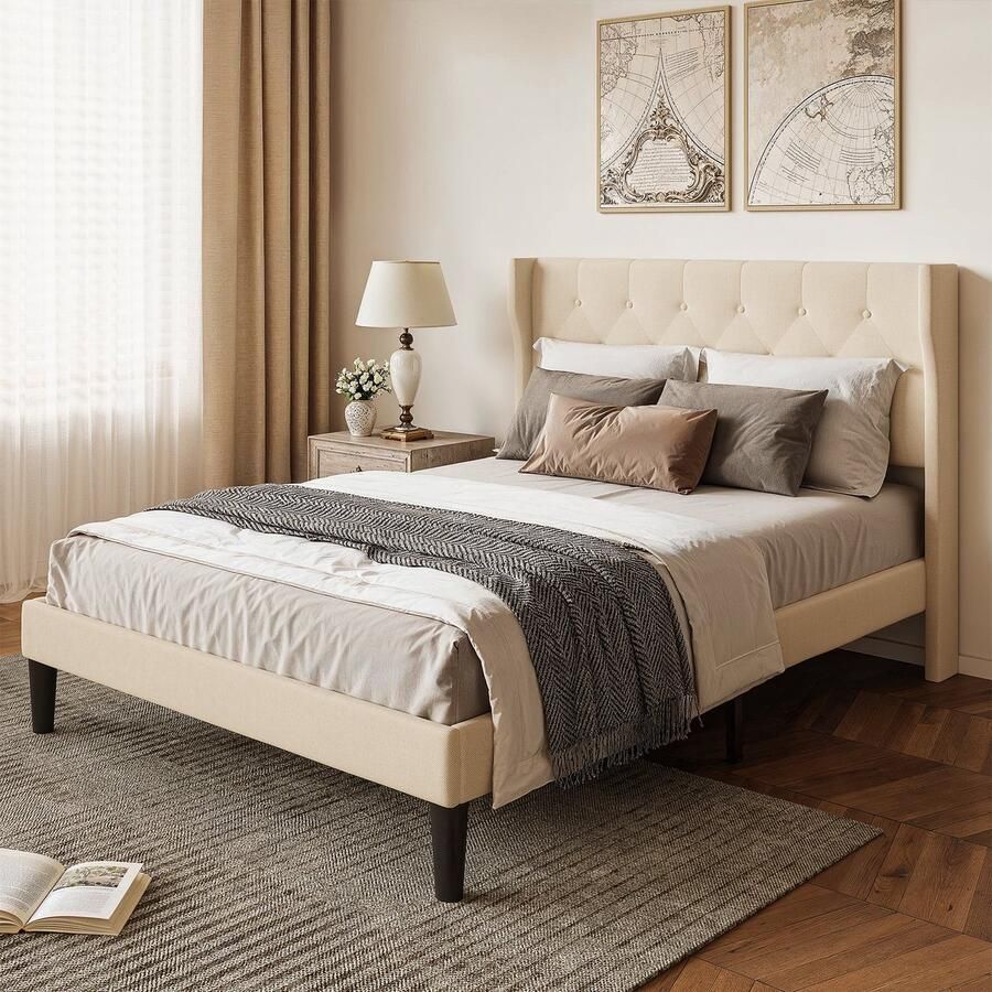 Bealife AF16 Tweepersoonsbedden standaard Platform Bedframe 209x 140.4 x114.5cm Metalen Bedframe met Opbergbaar Hoofdbord Stevig en Stabiel Geluidsvrij Geen Boxspring Nodig Eenvoudige Montage Beige
