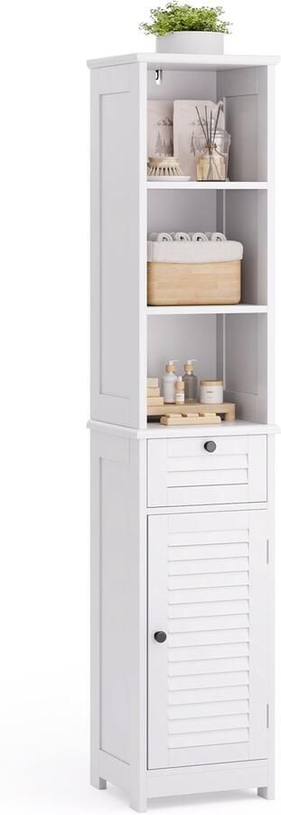Bealife AP02 Badkamerkast Ladekasten- Badkamerkast met 3 open compartimenten 1 lade en 2 verstelbare planken voor Badkamer Woonkamer Keuken 34 x 30 x 162 5 cm Wit