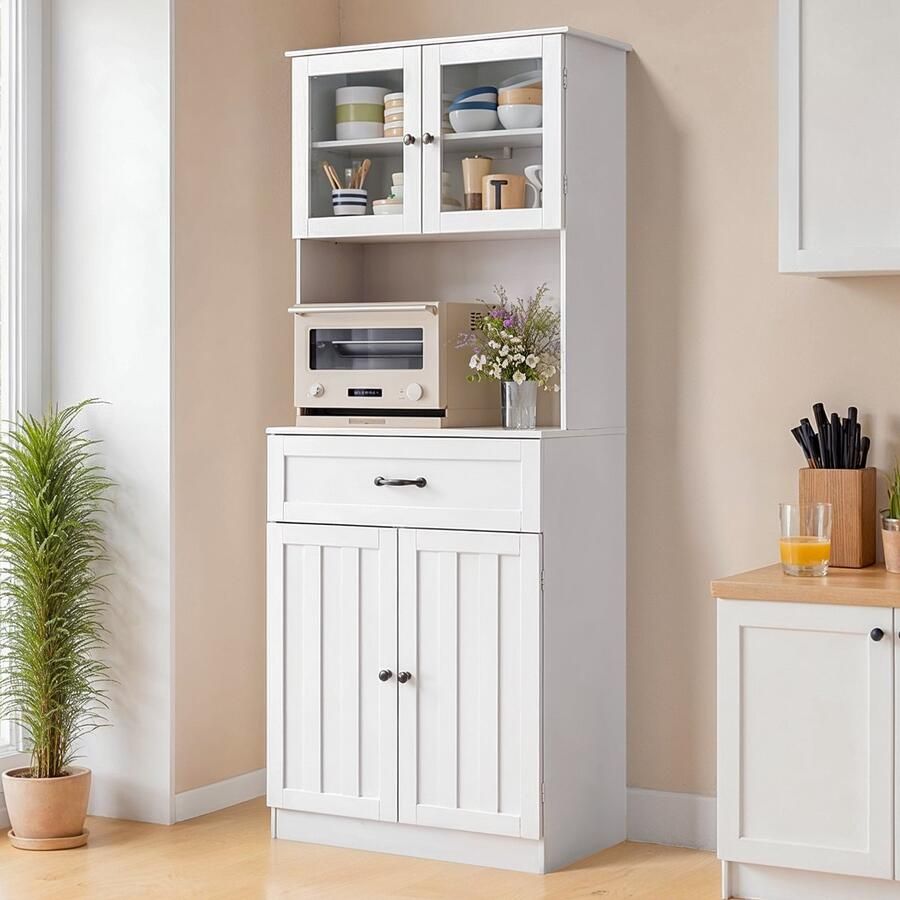 Bealife AP04 Keukenkast Opslagkast Grote capaciteit vrijstaande Dressoir met glazen deuren Geschikt voor kantoren woonkamers en keukens 73 x 41 5 x 180 cm Wit