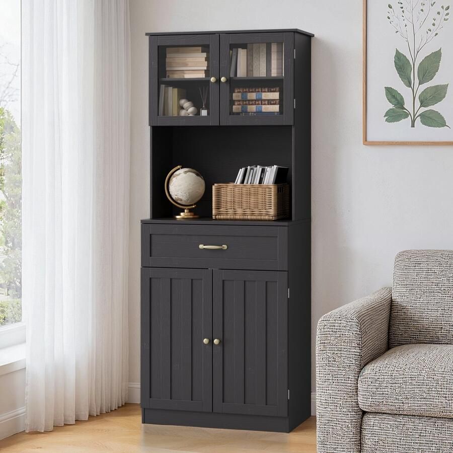 Bealife AP04 Keukenkast Opslagkast Grote capaciteit vrijstaande Dressoir met glazen deuren Geschikt voor kantoren woonkamers en keukens 73 x 41 5 x 180 cm Zwart