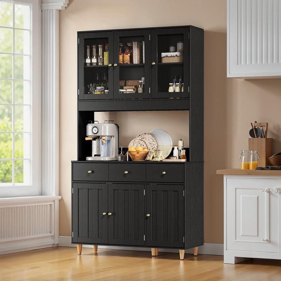 Bealife AP05 Keukenkast Opslagkast Vrijstaande Keukenkast LED Decoratief Licht 2 USB-poorten 2 Stopcontacten 3 Lades en 6 Deuren 100 x 38 x 180 cm Zwart