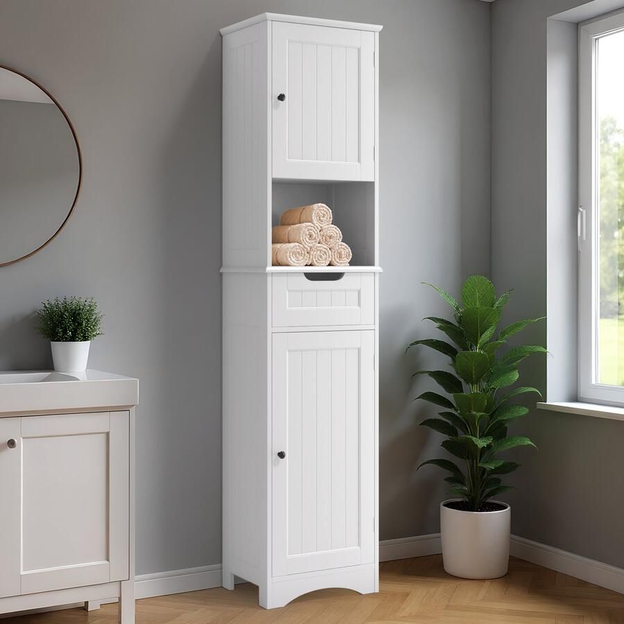 Bealife AP13 Badkamerkasten Hoog Vloerkast- Smalle Badkamermeubel met 5 Vakken en 2 Verstelbare Planken Opbergkast met Deur voor Woonkamer Entree Keuken Slaapkamer Vrijstaand MDF 40 x 30 x 170 cm Wit