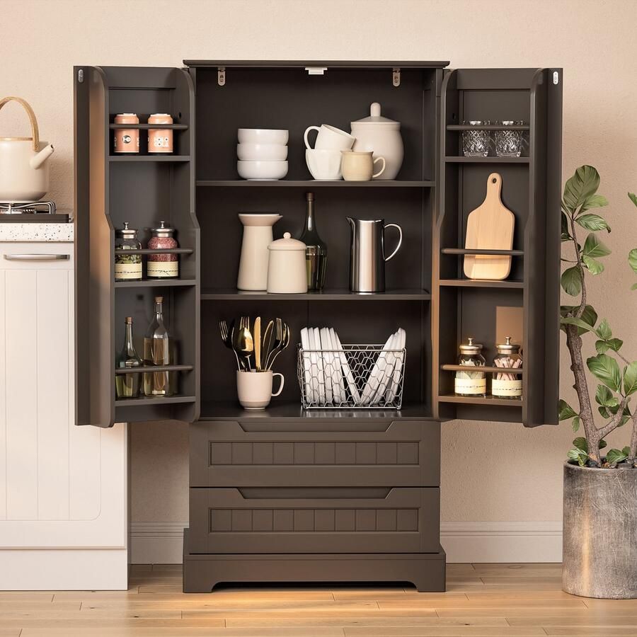 Bealife AP28 Keukenkasten Opbergkast Vrijstaande Keuken Opbergkast met 2 Laden en 2 Deuren -60x40x120cm Donkerbruin