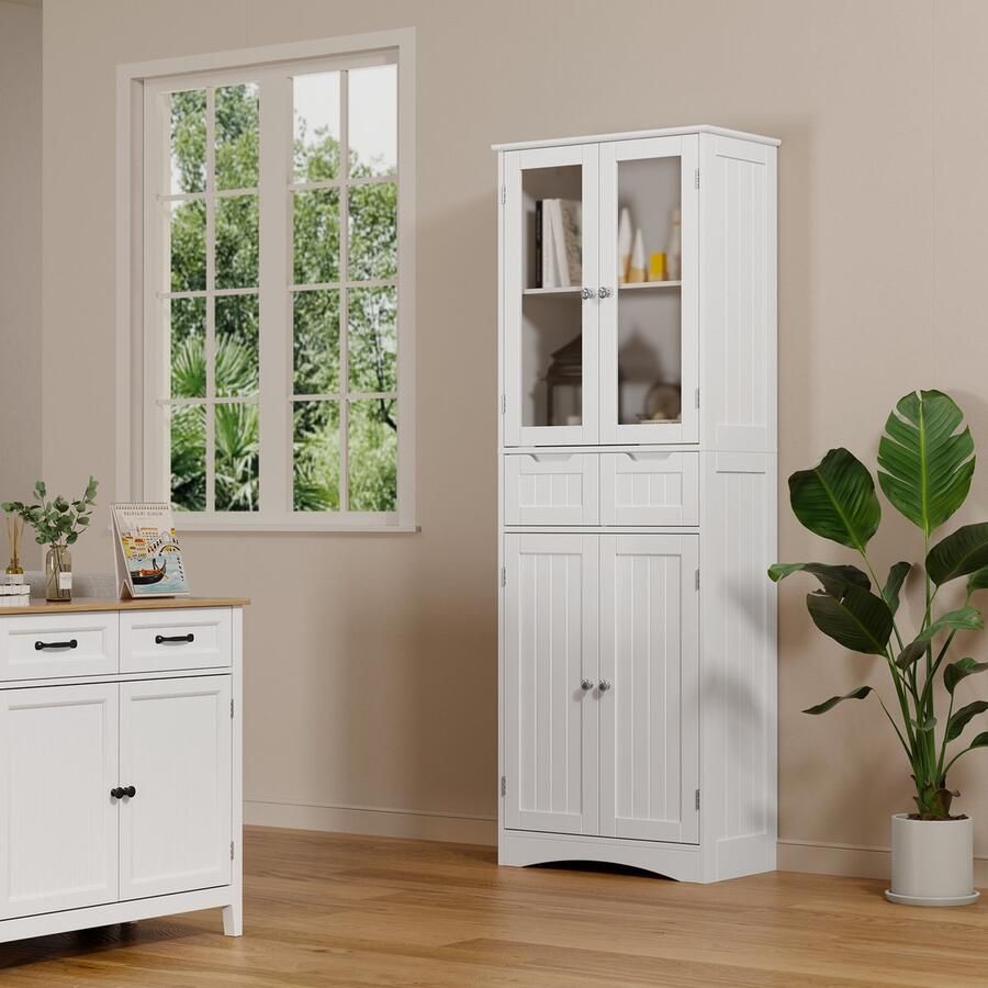 Bealife AP33 Opslagkast Grote capaciteit vrijstaande Dressoir met acryl vitrinekast Geschikt voor woonkamer keuken kantoor en slaapkamer 170 x 60 x 30 cm Wit