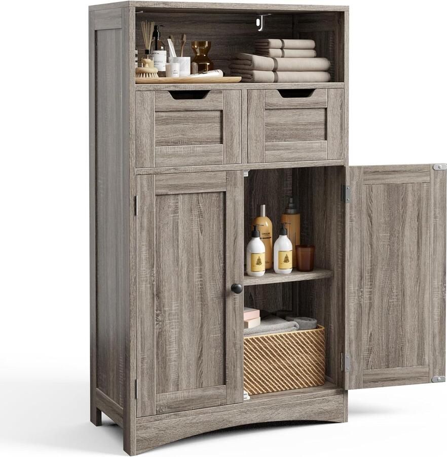 Bealife AP52 Ladekast met 2 Lades 60 x 30 x 108 cm Verstelbare Plank Multifunctioneel voor Badkamer Slaapkamer Gang- Grijs