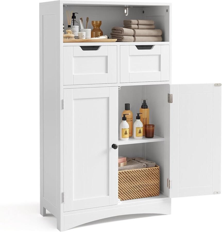 Bealife AP52 Ladekast met 2 Lades 60 x 30 x 108 cm Verstelbare Plank Multifunctioneel voor Badkamer Slaapkamer Gang- Wit