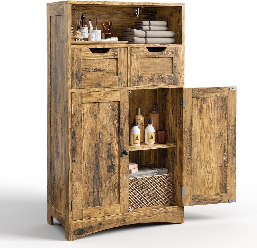 Bealife AP52 Ladekast met 2 Lades 60 x 30 x 108 cm Verstelbare Plank Multifunctioneel voor Badkamer Slaapkamer Gang- Retro