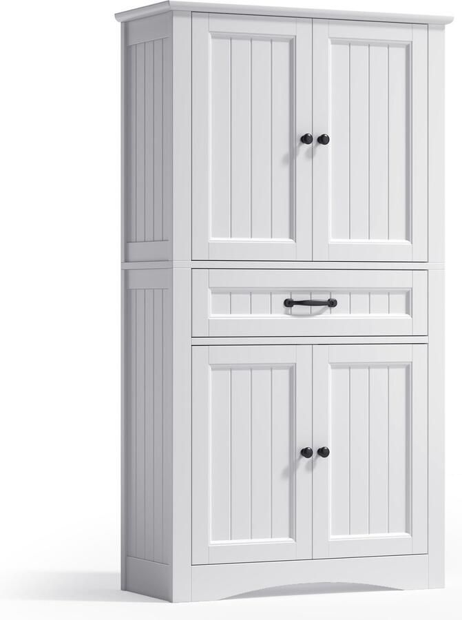 Bealife AP68 Badkamerkast Open opzetkast met 4 deuren 1 lades en verstelbare plank 31 x 73 x 132 cm Wit