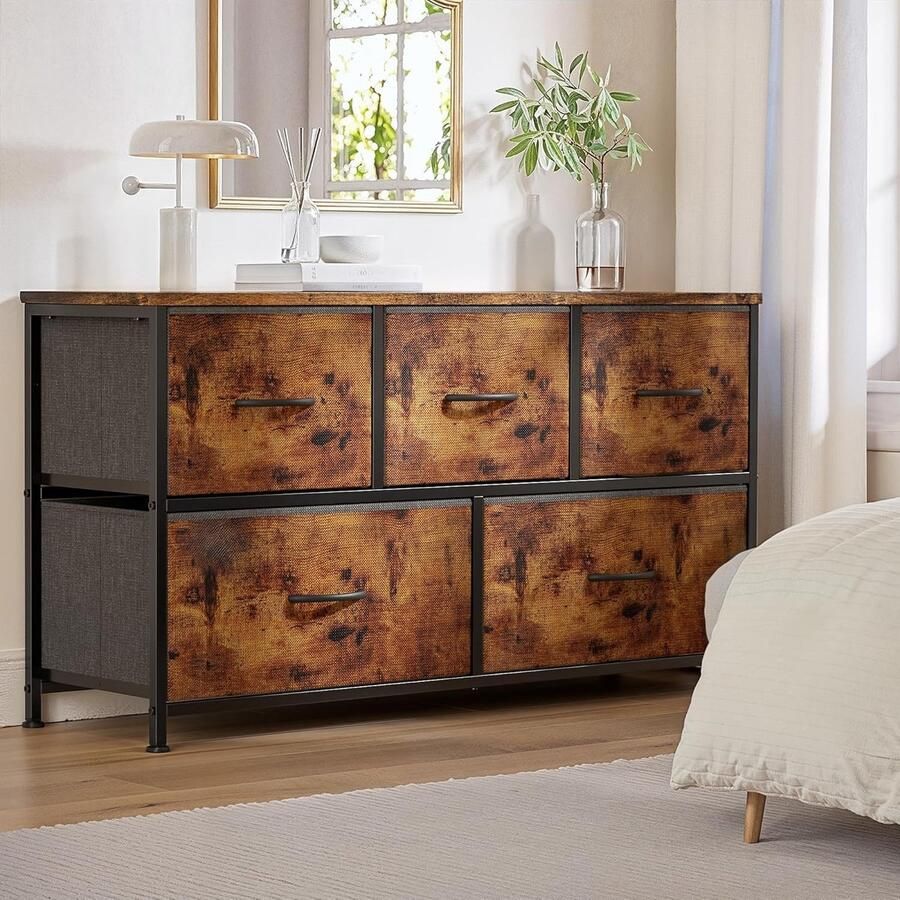 Bealife AP71 Ladekasten Ladekast met 5 Laden van Stof Ladekast Slaapkamer Ladekast met Houten Bovenblad en Metalen Frame voor Slaapkamer Woonkamer Hal (Rustiek Bruin)