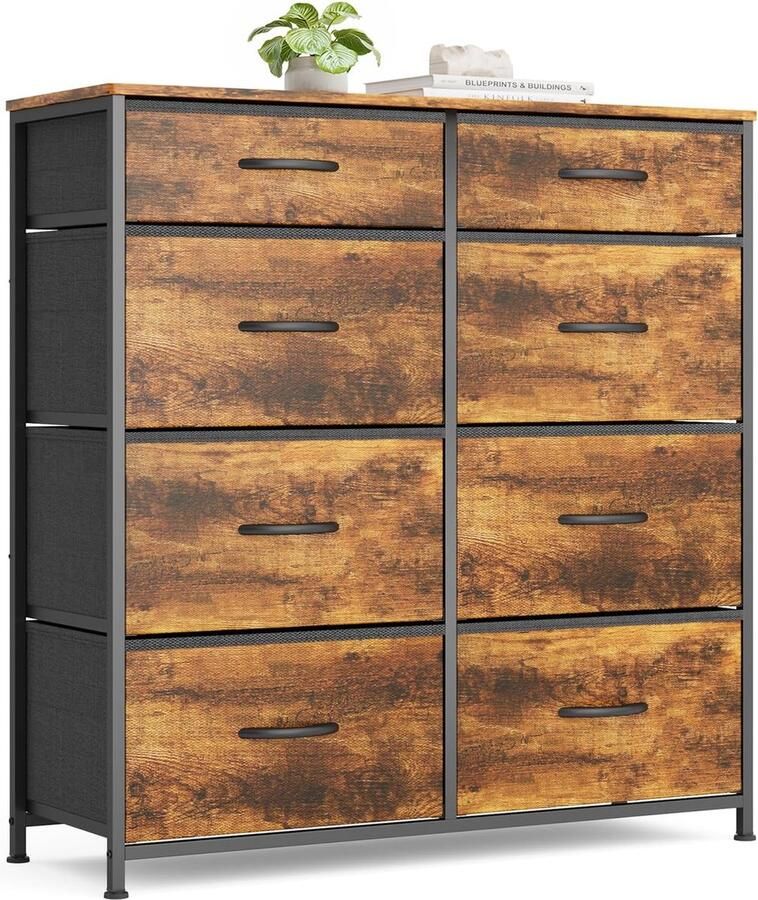 Bealife AP72 Ladekast stoffen ladekast met 8 laden ladekast slaapkamer met houten blad ladekast gangkast voor keuken kantoor hal slaapkamer (Rustiek Bruin)