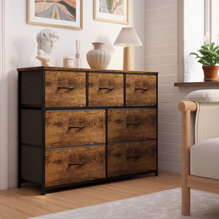 Xbro Ladekast – Dressoir met 7 stoffen lades met handgrepen – houten bovenblad metalen frame – retro – ideaal voor slaapkamer woonkamer hal keuken of kantoorf