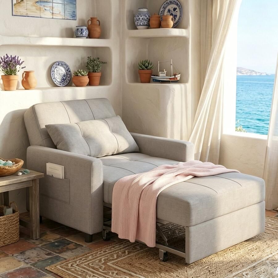 Bealife AR22 Slaapbank 1 Persoons- 3-In-1 Bank met Slaapfunctie Verstelbare Bedbank Woonkamer Slaapkamer Logeerkamer -Sofa met Armleuningen voor -191x68x44cm -Licht Grijs