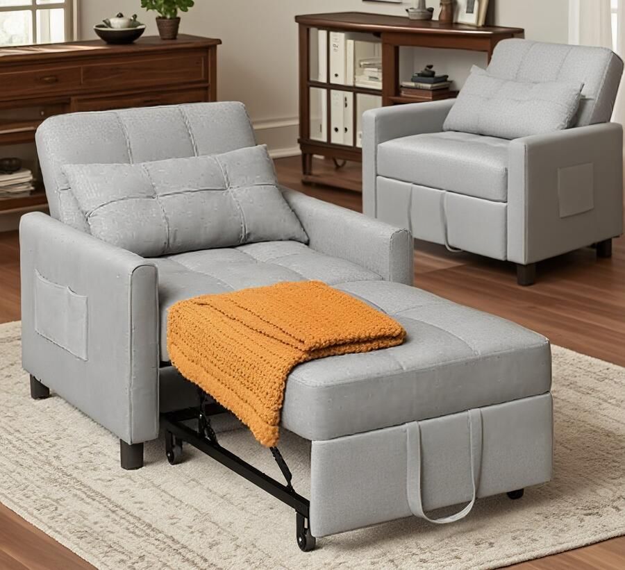 Bealife AR21 Slaapbank 1 Persoons 3-In-1 Bank met Slaapfunctie Verstelbare Bedbank Sofa met Armleuningen voor Woonkamer Slaapkamer Logeerkamer -Licht grijs