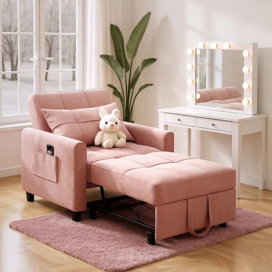 Bealife AR24 Slaapbank 1 Persoons 3-In-1 Bank met Slaapfunctie Verstelbare Bedbank Sofa met Armleuningen voor Woonkamer Slaapkamer Logeerkamer -Roze