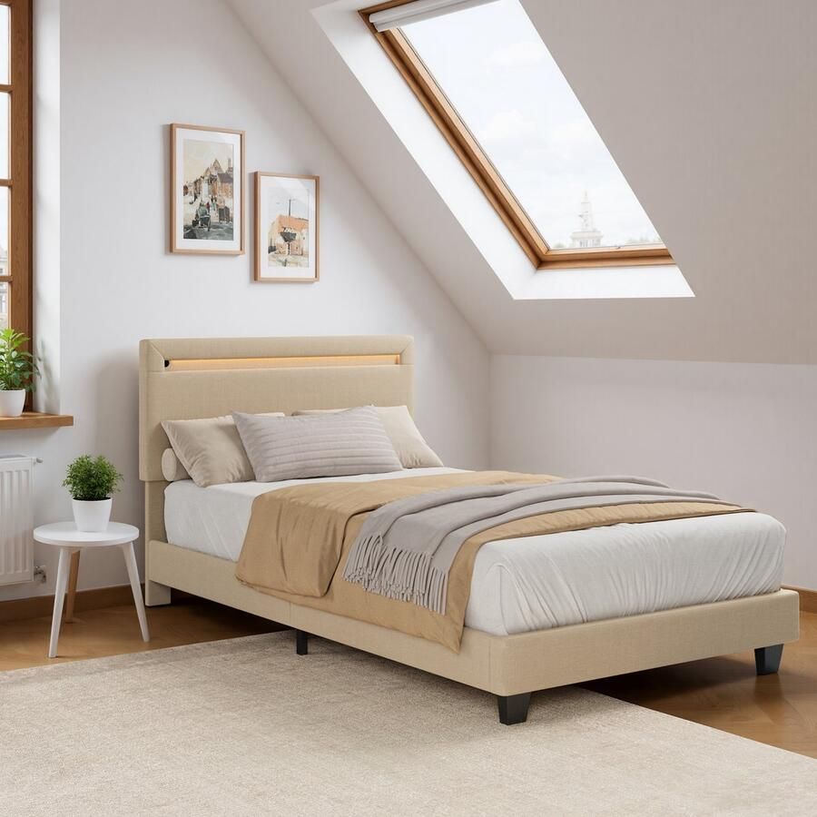 Bealife BF27 Bedframe 200 x 90 cm LED-verlichting Hoofdbord en lattenbodem Beige