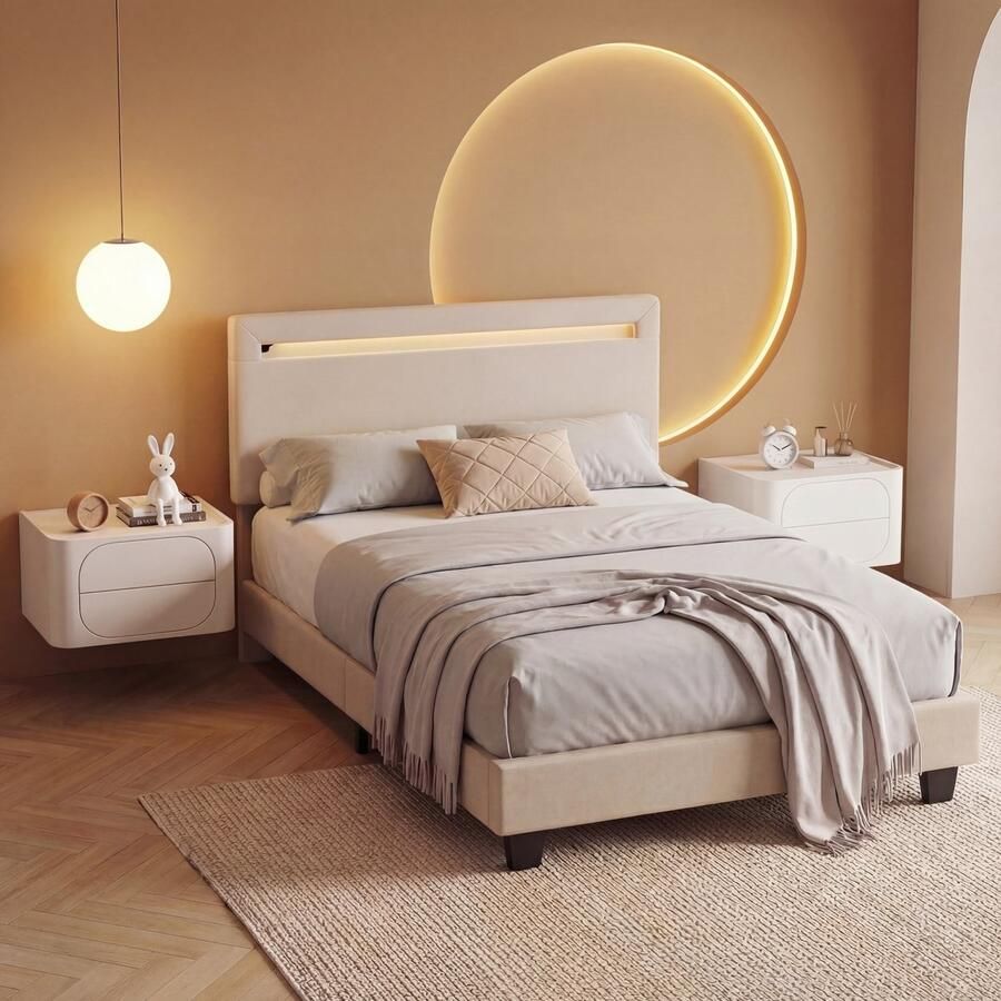 Bealife BF27 Bedframe 200 x 90 cm LED-verlichting Hoofdbord en lattenbodem Beige - Foto 2