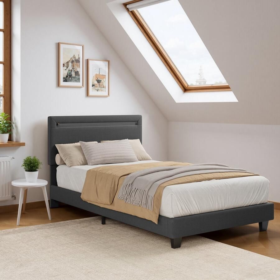 Bealife BF27 Bedframe 200 x 90 cm LED-verlichting Hoofdbord en lattenbodem Donkergrijs