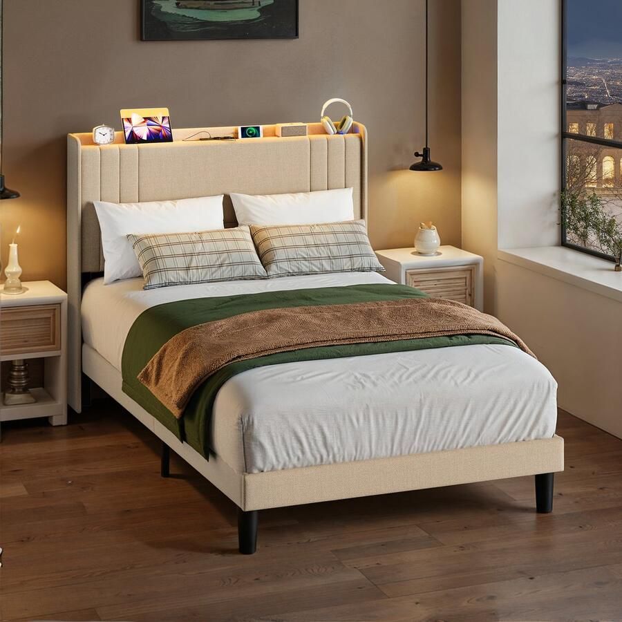 Bealife BF28 Bedframe 200 x 120 cm LED-verlichting Opbergbaar hoofdeinde en lattenbodem Beige