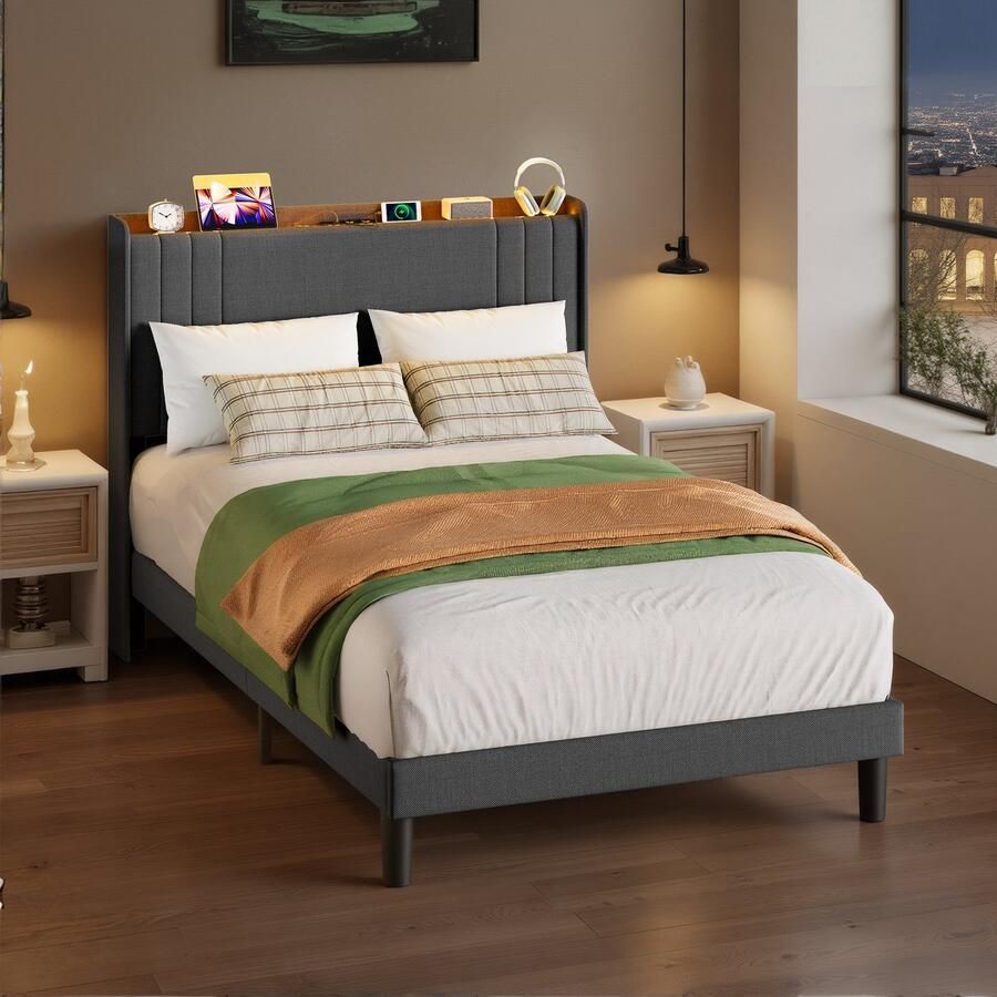 Bealife BF28 Bedframe 200 x 120 cm LED-verlichting Opbergbaar hoofdeinde en lattenbodem Donkergrijs