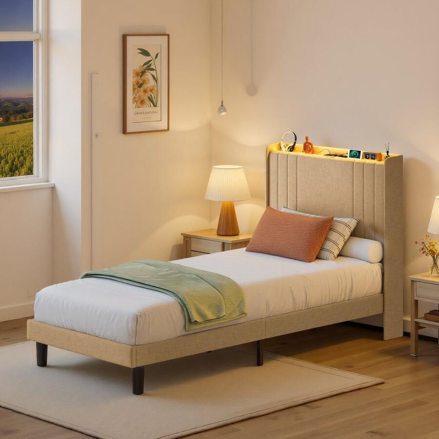 Bealife BF28 Bedframe 200 x 90 cm LED-verlichting Opbergbaar hoofdeinde en lattenbodem Beige