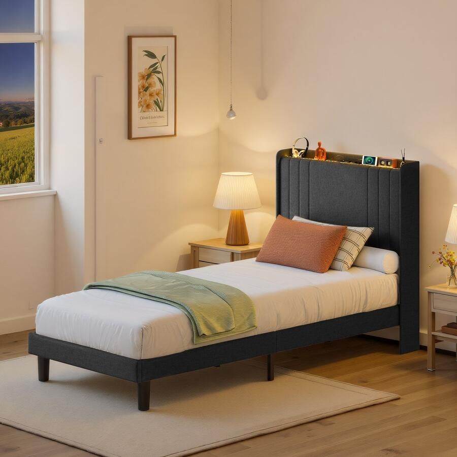 Bealife BF28 Bedframe 200 x 90 cm LED-verlichting Opbergbaar hoofdeinde en lattenbodem Donkergrijs