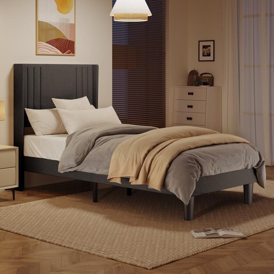 Bealife BF44 Eenpersoonsbedden Standaard Platform Frame met Wingback Hoofdbord 208 x94 x 122cm Gestoffeerd Platform Bed met Modern Geometrisch Hoofdbord Houten Latten Geluidsvrij Geen Box Spring Nodig Donker Grijs