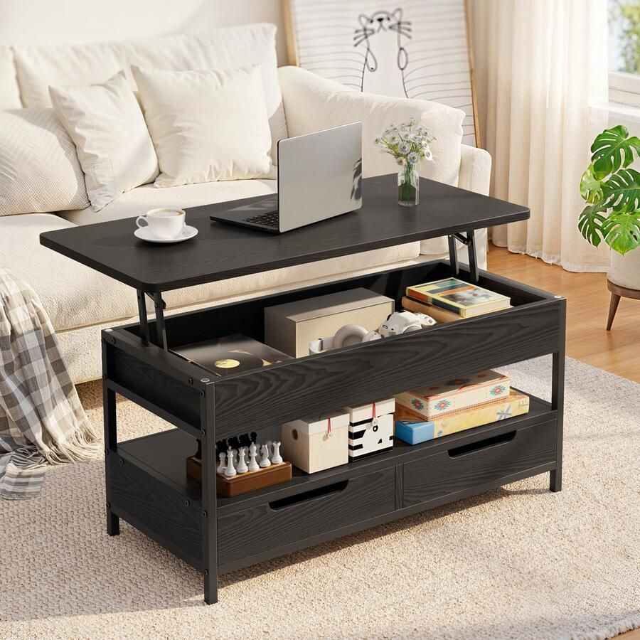 Bealife DA22 Salontafel 100 x 48 cm Woonkamertafel met 2 Lades open Opbergruimte en Verborgen Compartiment voor Woonkamer Zwart