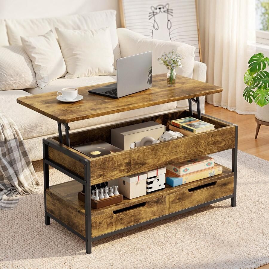 Bealife DA22 Salontafel 100 x 48 cm Woonkamertafel met 2 Lades open Opbergruimte en Verborgen Compartiment voor Woonkamer Retro