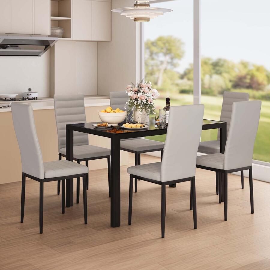 Bealife Eetkamerstoelen Set van 6 Eetkamerstoelen voor Keuken Eetkamer Kunstleer Hoge Rug Modern (Licht Grijs)