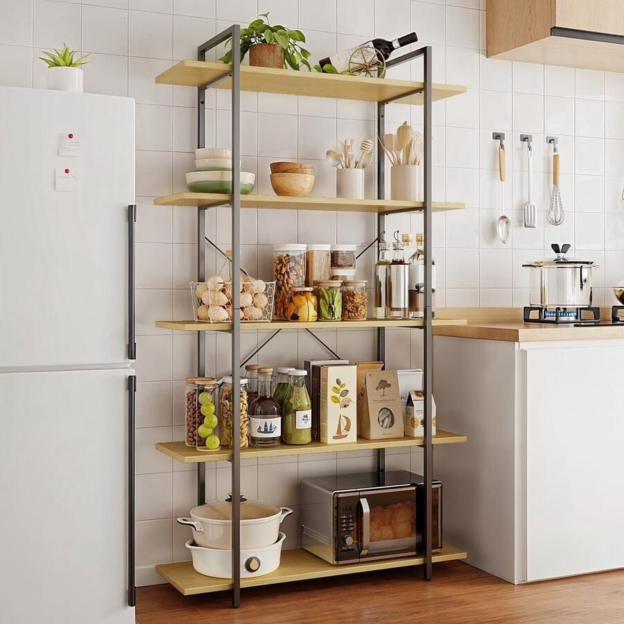 Bealife FS15 Boekenkasten boekenplank 5 niveaus Staande plank met stalen frame Keukenplank Boekenplank voor woonkamer slaapkamer studeerkamer houten plank industrieel ontwerp Pastel geel 100 x 34 X 176 5 cm