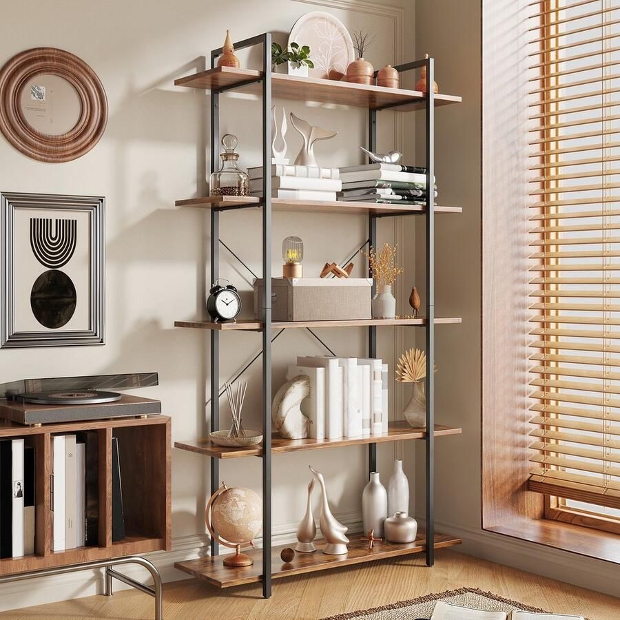 Bealife FS15 Boekenkasten boekenplank 5 niveaus Staande plank met stalen frame Keukenplank Boekenplank voor woonkamer slaapkamer studeerkamer houten plank industrieel ontwerp 100 x 34 X 176 5 cm