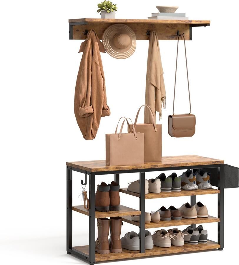 Bealife FS23 kapstok met schoenenrek 4-in-1 kapstok met schoenenbank haken zijvak en planken. Halrek met schoenenbank voor entree gangen rustiek bruin
