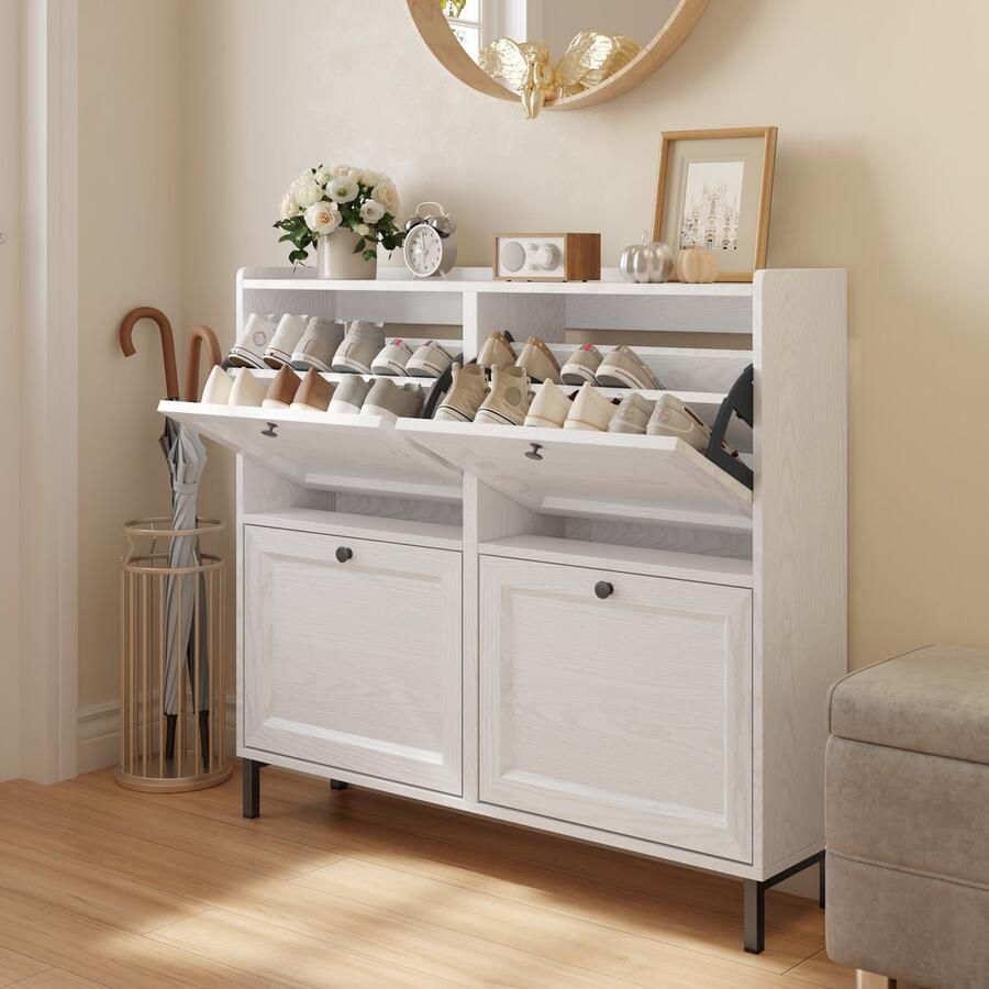Bealife FS53 Schoenenrek met 4 klapdeuren Dubbele diepte Slanke organizer voor in de hal 99.3 x 24 x 91 cm voor hal slaapkamer Wit - Foto 2
