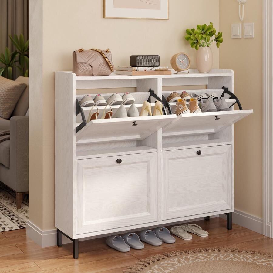 Bealife FS53 Schoenenrek met 4 klapdeuren Dubbele diepte Slanke organizer voor in de hal 99.3 x 24 x 91 cm voor hal slaapkamer Wit