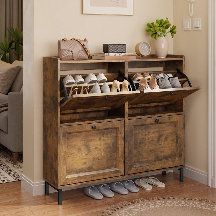 Bealife FS53 Schoenenrek met 4 klapdeuren Dubbele diepte Slanke organizer voor in de hal 99.3 x 24 x 91 cm voor hal slaapkamer Retro