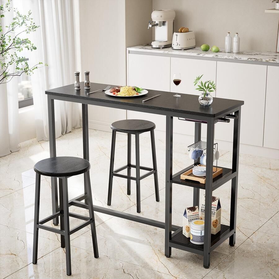 Bealife Bartafel Met Barstoelen Bartafel Keuken met Stoelen 2 Personen 3-Delige Bartafel Met Barkrukken Houtmet 2 Opbergplanken & Wijnglashouder Bartafel Vierkant Voor Kleine Woonkamer Eetkamer Appartementen Zwart - Foto 2