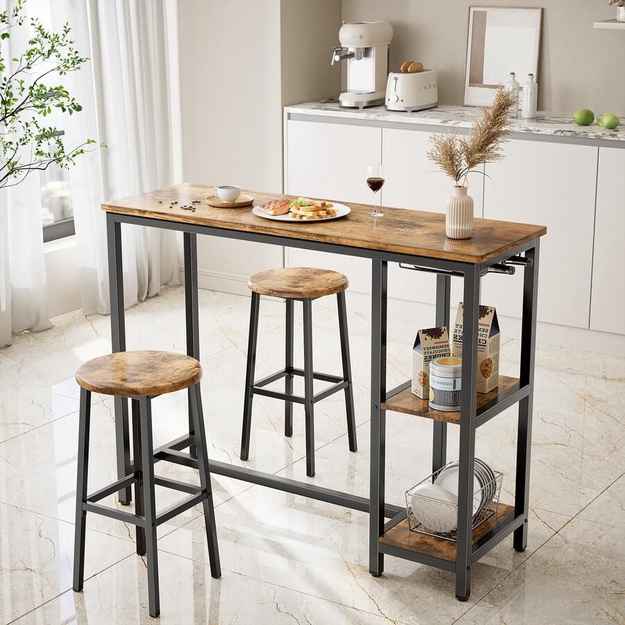 Bealife TB31 Bartafel met barkrukken Bartafel voor 2 personen met stoelen Bartafel set van 3 met barkrukken Vierkante bartafel (voor kleine woonkamers eetkamers en flats) 120x40x92 cm Donkerbruin