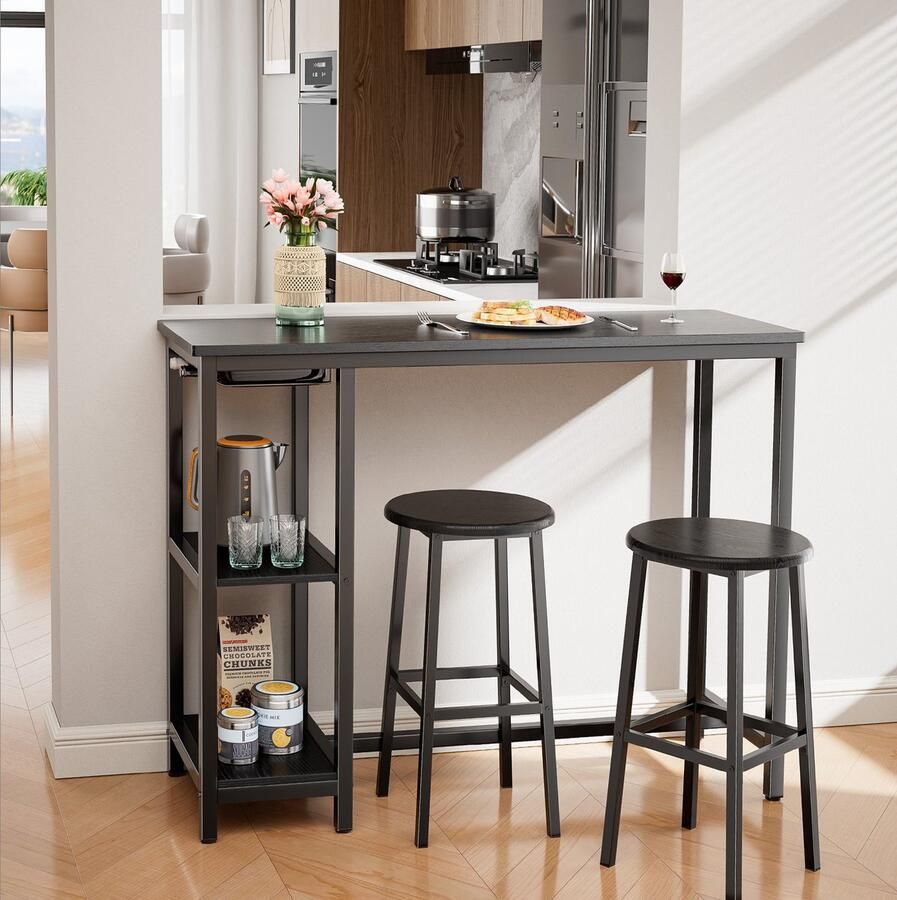 Bealife TB31 Bartafel met barstoelen Bartafel (voor keuken) met stoelen (voor 2 personen) Vierkante bartafel voor kleine woonkamers eetkamers en flats Vintage 120x40x90 cm Zwart