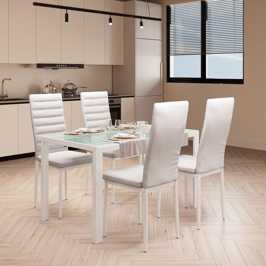 Bealife TB40D Eettafel en Stoelen voor 4 Personen- Moderne Eetkamer Stoelen Set met PU Leer-Huis Meubilair-120x75x70cm-Wit