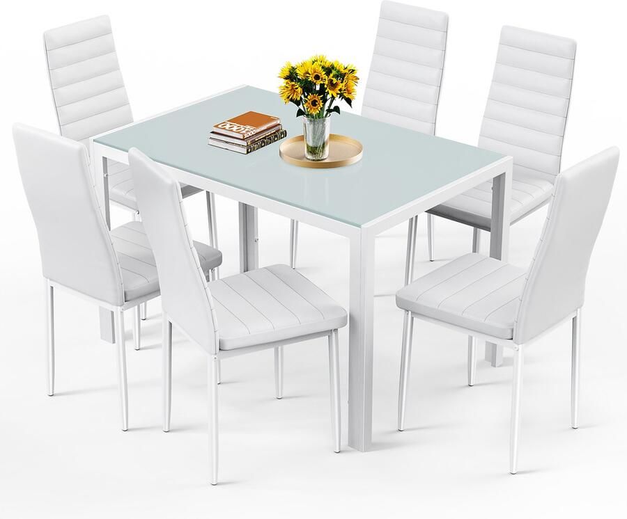 Bealife TB41D Eettafel en Stoelen voor 6 Personen- Moderne Eetkamer Stoelen Set met PU Leer-Huis Meubilair-120x75x70cm-Wit