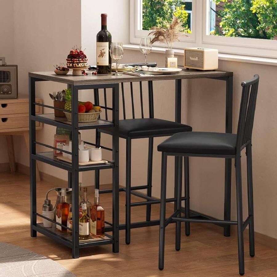 Bealife TB51 Eethoeken Bartafelset 3-delig keukentafel met stoelen voor keuken eetkamer bistro etc. Eettafel en 2 stoelen met rugleuning en bekleding (Grau)